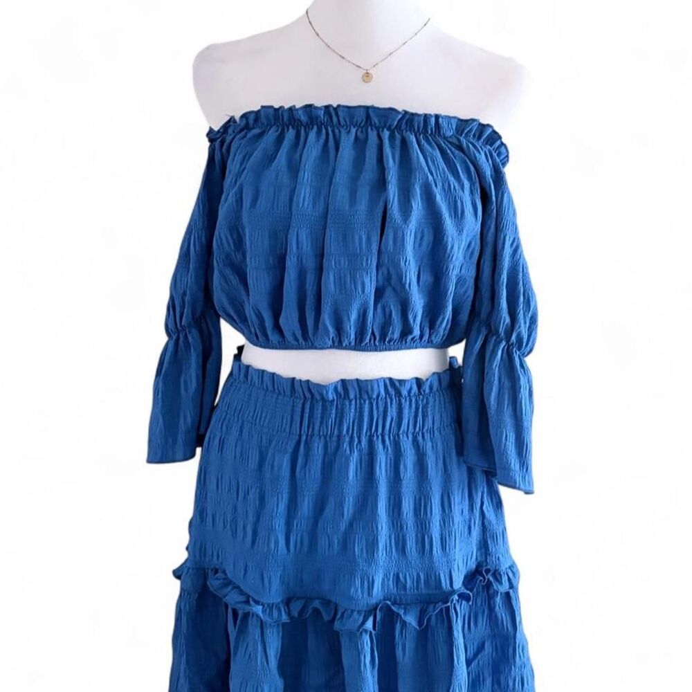Clean Girl Peplum Crop Top Skirt Set | Blue Off Shoulder Two Piece Outfit